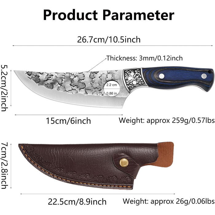 Японський ніж для обробки м'яса Doklasu, ручної роботи, full tang, з високоякісної сталі 5Cr15MoV, з червоним дерев'яним руків'ям та піхвою (15 см)