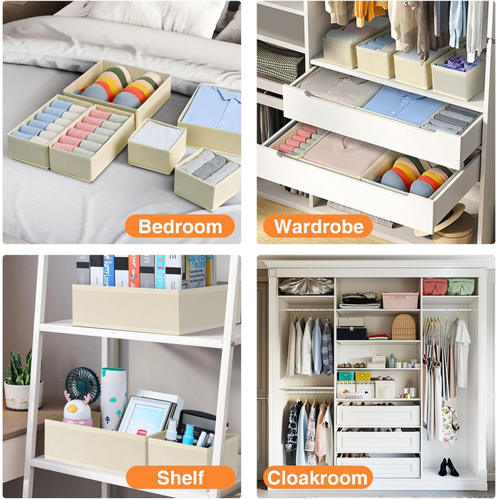 Drawer Organizer - Foldable Underwear Organizer Storage Box Fabric 16 Pieces Organizer Closet for Clothes, Socks (15 Pieces, Beige)