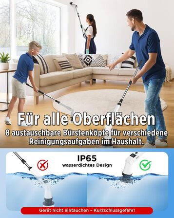 Електрична щітка для прибирання з 8 насадок, 3 швидкості, IP65 водостійка, регульована ручка, акумуляторна щітка для ванної, кухні, плитки, душу та кутів (біла)