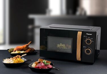 Мікрохвильова піч Bestron 700 Вт з панеллю керування та таймером на 30 хв, поворотний стіл 24,5 см, колекція Copper, чорний/дерево