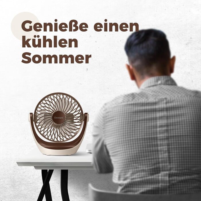 USB вентилятор OCOOPA: компактний настільний вентилятор з потужним потоком повітря та тихою роботою, 3 швидкості, 360° обертання, для офісу, дому та відпочинку на природі (коричневий)