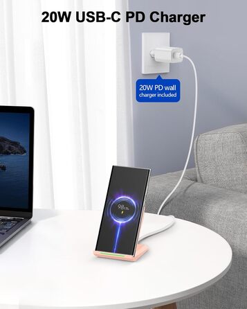 Бездротовий зарядний пристрій NANAMI Qi з адаптером USB-C 20W PD, сумісний з iPhone 17/16/15/14/13/12 Pro Max XR 8 та Samsung Galaxy S25/S24/S23/S22 (рожевий)