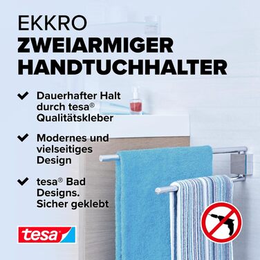tesa EKKRO Bad Handtuchhalter, 2-arm and swivel, chrome - for wall mounting without drilling, incl. adhesive solution - 428 mm x 50 mm x 87 mm
