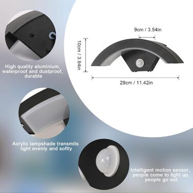 Зовнішня вулична LED-стіна Comely 24W з датчиком руху, IP65, алюміній, тепле світло 3000K, для саду, тераси, сходи, чорний (2 шт.)
