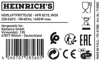 Фритюрниця повітряна HEINRICHS 9 літрів XXL, 10-в-1, LED-дисплей, 1800W, для здорового харчування