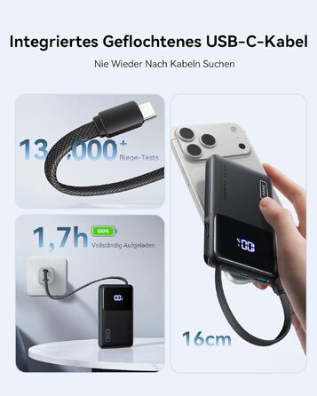 Повербанк INIU 45W 10000mAh з вбудованим кабелем USB-C, швидка зарядка для iPhone 16 17 Pro, Samsung S22, Xiaomi, iPad, чорний