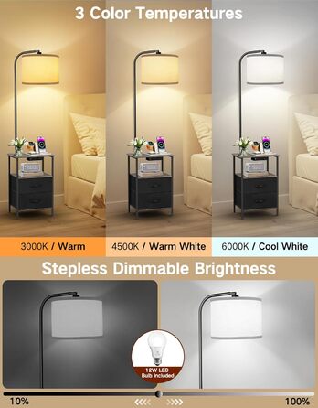 Стельова лампа для вітальні з поличкою та столиком, регульована LED, з пультом, 3 колірні температури, приліжний столик з підзарядкою та полицею, дерев'яний столик для спальні/офісу (сірий з шухлядами)