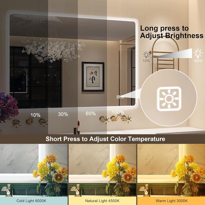 Дзеркало для ванної кімнати STARLEAD з підсвічуванням 80x60 см, регулювання яскравості, 3 колірні температури (3000K-6500K), протитуманне покриття, функція пам'яті, LED дзеркало для ванної кімнати IP44, HD скло, горизонтальне/вертикальне встановлення, M30