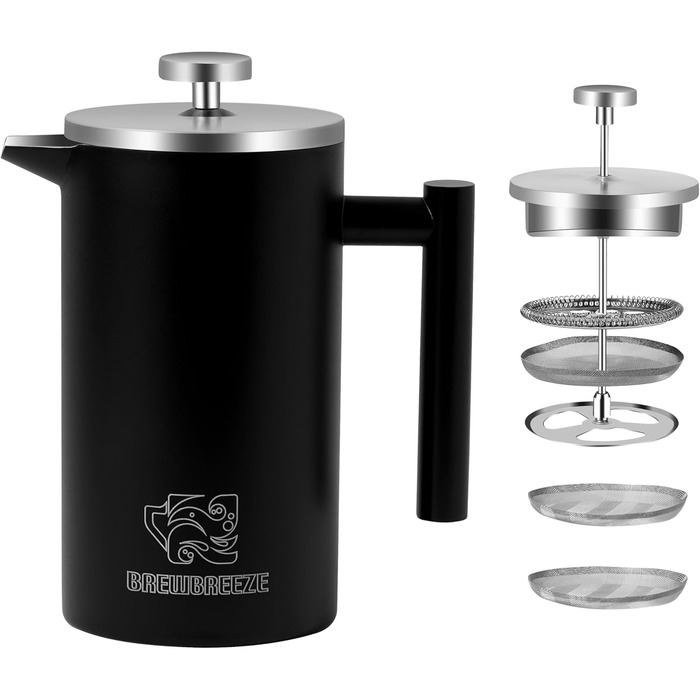 Набір для приготування кави френч-прес: термоізольований, з молочний пінозбивач, з нержавіючої сталі (матова чорна), 1 літр
