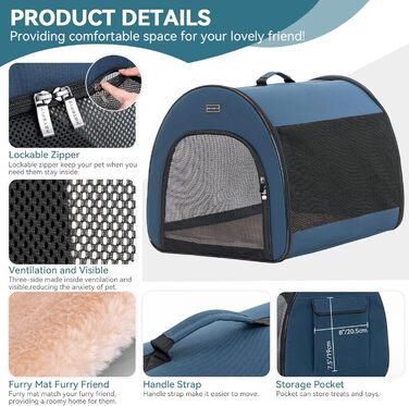 Складана переноска для собак Petfit для маленьких собак і котів, портативна та дихаюча переноска для дому з вигнутим дахом, переноска-ліжко для собак з анти-відкриваючим блискавкою та подушкою (Блакитний, S)