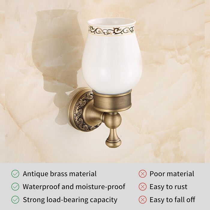 Brass toothbrush holder, antique bronze finish, cup holder with white ceramic cup, wall-mounted, bathroom accessories, patterned carved design