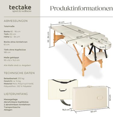 Масажне ліжко Tectake® складна з 2 зонами, портативне з 5 см підкладкою, регульоване по висоті, мобільне, з дерев'яними ніжками та аксесуарами (сумка для перенесення) - бежеве без масажних роликів