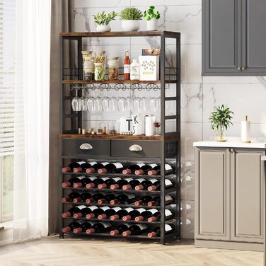 Homeiju Wine Rack, Freestanding Floor, Bar Cabinets for Liqueurs and Glasses, 4-Tier Bar Cabinet with Tabletop, Glass Holder, Storage Drawer and Wine Storage for Living Room, Kitchen, (Retro Black Brown)