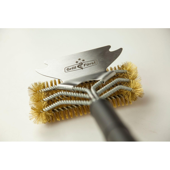 3X Grillfürst Premium Grill Brush with Brass Bristles, 45 cm - Grill Cleaning Brush for Grill Grates, Grill Grate Brush with wide 3-fold brush head and scraper (2x Brass with scraper)