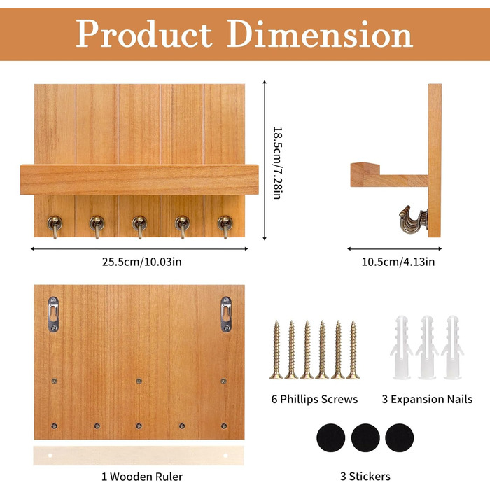 Дерев'яне ключниця з полицею, 5 гачків, для прихожей, вітальні, спальні - жовтий колір