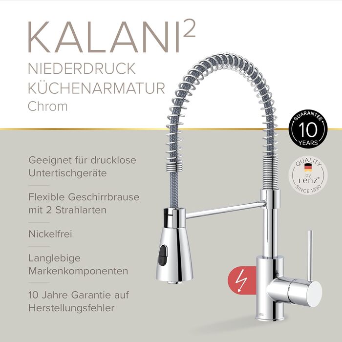 Кухонний змішувач Lenz KALANI² в стилі - з регульованою поливальною насадкою - проста установка та якісна обробка - 46070322 (Низький тиск, Хром)