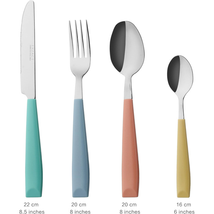 EXZACT 24-Piece Cutlery Set - Stainless Steel with Vividly Colored Plastic Handles - Comfortable to Hold - 6 x Forks, 6 x Knives, 6 x Dinner Spoons, 6 x Teaspoons (Mixed Color x 24)