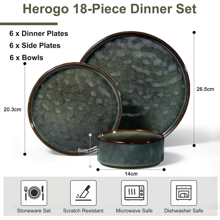 Посуд Herogo на 4 особи з кераміки, 12 предметів, мохово-зелений, мікрохвильовий та посудомийна машина, стійкий до подряпин