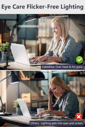 LED лампа для столу KableRika 24W з двома головками, регулювання яскравості, 1200lm, захист очей, для офісу та дому, чорна