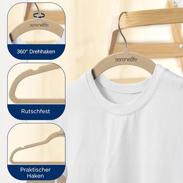 Серія з 10 вешалок для одягу SereneLife з оксамиту – економія місця, неслизькі, поворотний гачок 360°, для зберігання та організації одягу, 10 шт. (кремовий, 20 шт.)