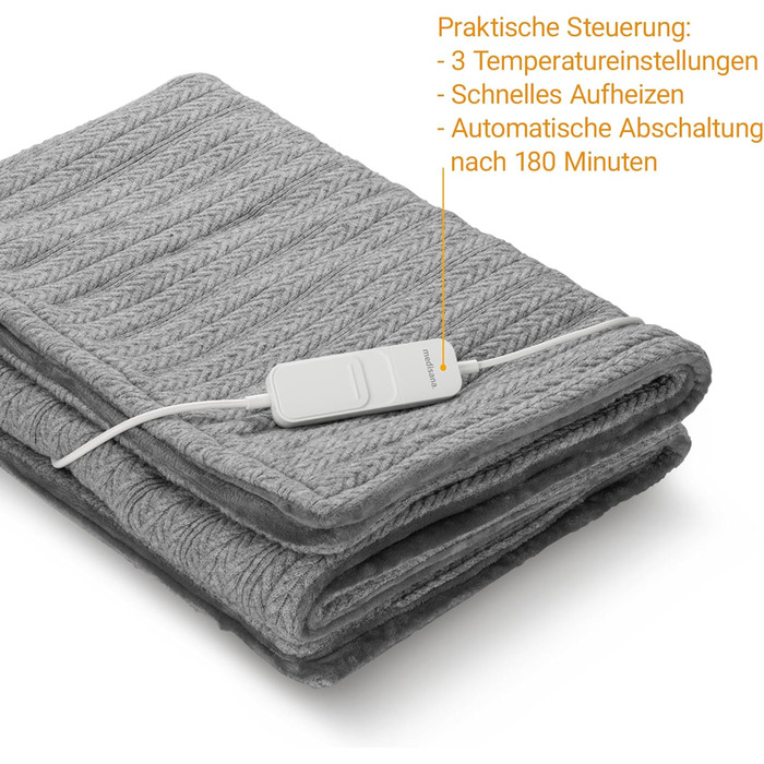 Електрична ковдра Medisana HB 680 Kuschelheizdecke з в'язаним візерунком, функцією автоматичного вимкнення, що стирається, сірого кольору, 3 температурні режими, розмір 160 x 120 см, двоколірна, з ефектом реверсу