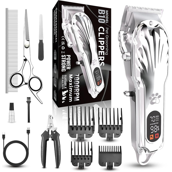 Професійна машинка для стрижки собак з товстим хутром, бездротова LED-машинка для грумінгу собак, тиха, акумуляторна, з набором для догляду за кігтями (срібна)