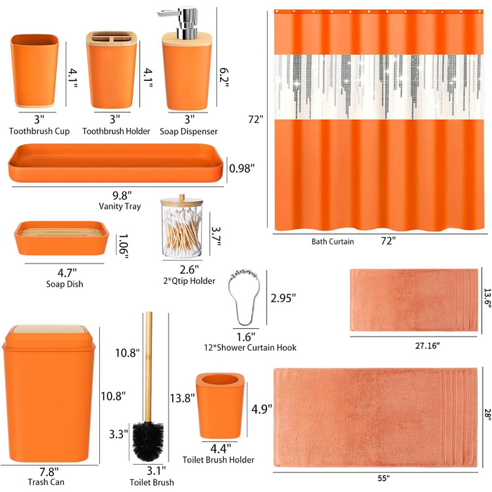 Набір аксесуарів для ванної кімнати, 9 предметів: сміттєвий кошик, тримач для зубних щіток, стакан для зубних щіток, дозатор для лосьону/мила, тумбочка для раковини, мильниця, щітка для унітазу, тримач для ватних паличок (Помаранчевий, Комплект для ванни 