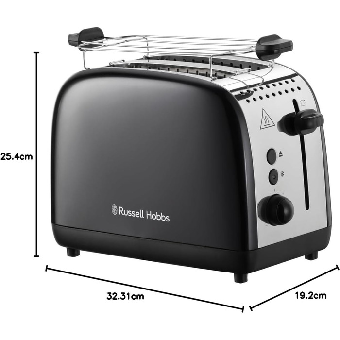 Тостер Russell Hobbs Colours Plus на 2 тости, нержавіюча сталь, чорний, з широкими відділеннями, підставкою для булочок, 6 режимів підсмажування, функцією розморожування, Lift & Look, 1600 Вт (26550-56)