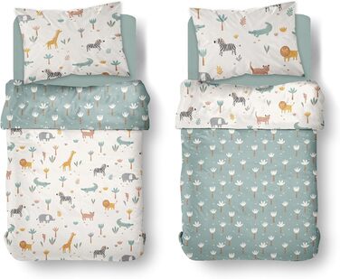 Дитяча постільна білизна комплект (2-частини) з 100% бавовни Oeko-Tex - ковдра 100x135 см та подушка 40x60 см з блискавкою. Дитяча постіль, дихаюча, регулює температуру, Сафарі з тваринами