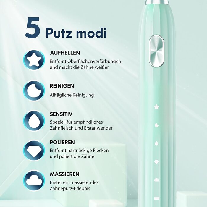 Електрична звукова зубна щітка для дорослих і дітей з 5 режимами чищення, таймером та 9 насадками (синя/зелена)