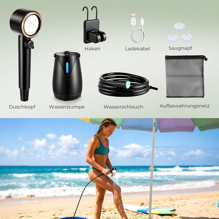 Портативний душ для кемпінгу Campingdusche з акумулятором 8000mAh, 3 режими, дисплей температури, шланг - для кемпінгу, піших прогулянок, домашніх тварин (Чорний)