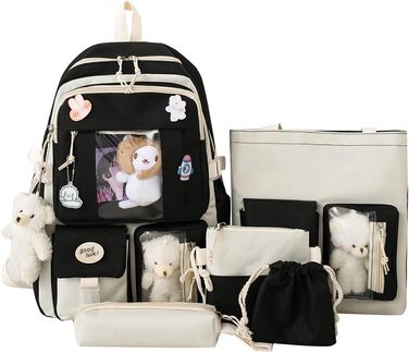 Чарівний рюкзак з милим аксесуаром, набір 5 шт. Великий рюкзак у стилі Харадзюку, трендовий рюкзак для школи, коледжу, подорожей, з нашивками (Чорний)