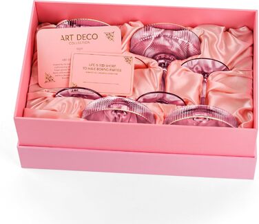 Набір келихів Art Deco з вишуканим рожевим кольором та золотим обідком (4 шт, 200 мл) | Для шампанського, коктейлів (Espresso Martini, Cosmopolitan, Daiquiri) | Скляні чаші для бару Speakeasy