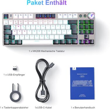 Механічна ігрова клавіатура TECURS бездротова, 80% TKL з підсвічуванням, Red Switch, QWERTZ, для ПК, ноутбука, Windows, чорно-біла