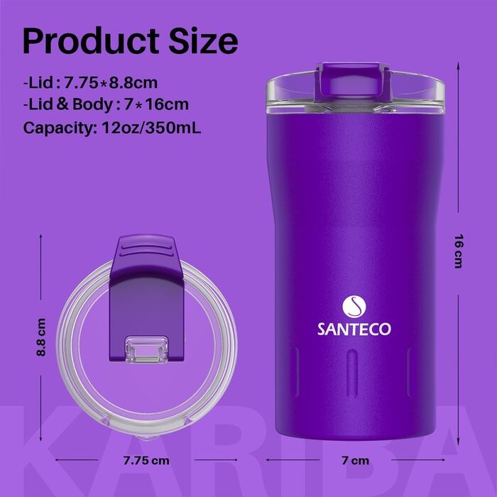 Термокружка SANTECO з нержавіючої сталі 18/8, подвійні стінки, 350 мл, темно-зелений колір, з кришкою, не містить BPA, зберігає тепло до 6 годин, не протікає