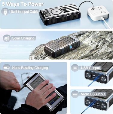 Сонячний Powerbank 26800 mAh з ручним генератором та 4 кабелями, водонепроникний зовнішній акумулятор для телефону, кемпінгу, подорожей (сріблястий)