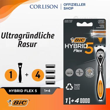Чоловіча бритва BIC Hybrid 5 Flex, вологий гоління, 10 змінних касет по 5 лез, з алое вера та вітаміном E, з тримером для точного гоління