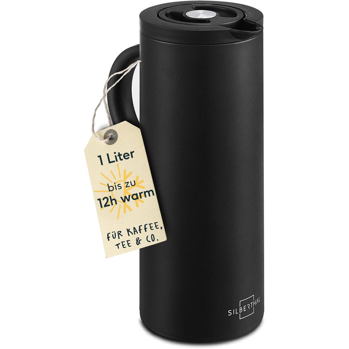 SILBERTHAL Thermos Flask 1L Stainless Steel - Double-Walled Insulated Flask Keeps Drinks Warm for 12h & Cold for 24h - With Twist-Lock Closure & Glass Insert - Modern Coffee Pot in Matte Black