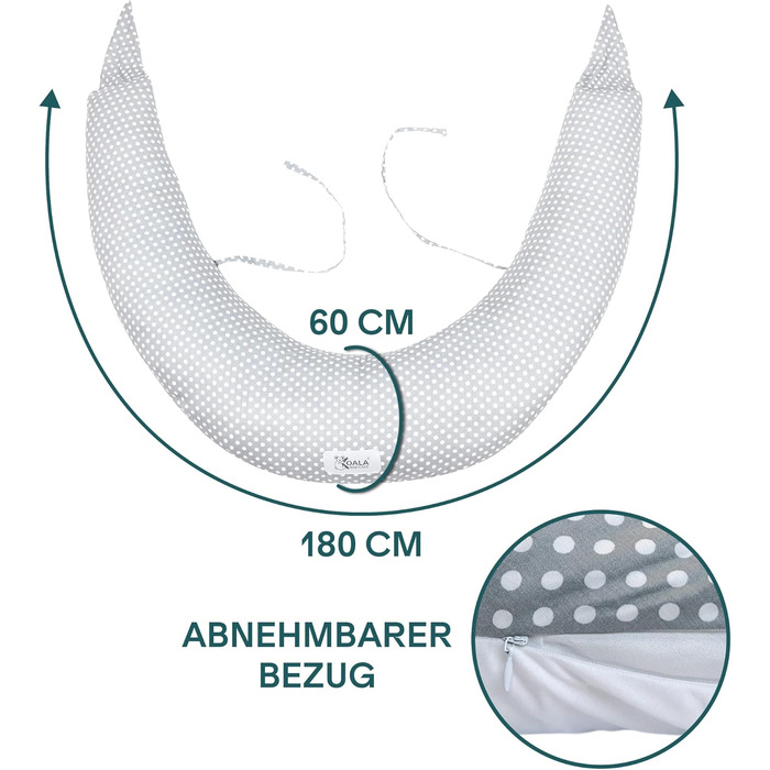 Подушка для годування Koala Babycare XXL: подушка для вагітних, для сну на боці, з бавовняним чохлом, сертифікований медичний виріб, подушка для дорослих (сірий - білий) X-Large сірий - білі крапки
