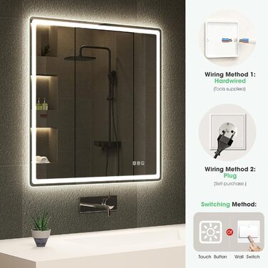 Дзеркало для ванної кімнати S'bagno з підсвічуванням 100x70 см, LED, з пам'яттю, антизапар, 3000K/4000K/6500K, регулювання яскравості, HD загартоване скло, IP44, Bluetooth (M55), горизонтальне/вертикальне