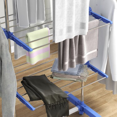 HOMCOM Clothes Dryer Tower with Wheels, 3 Tiers, Foldable Side Wings, Steel, Blue | Aosom