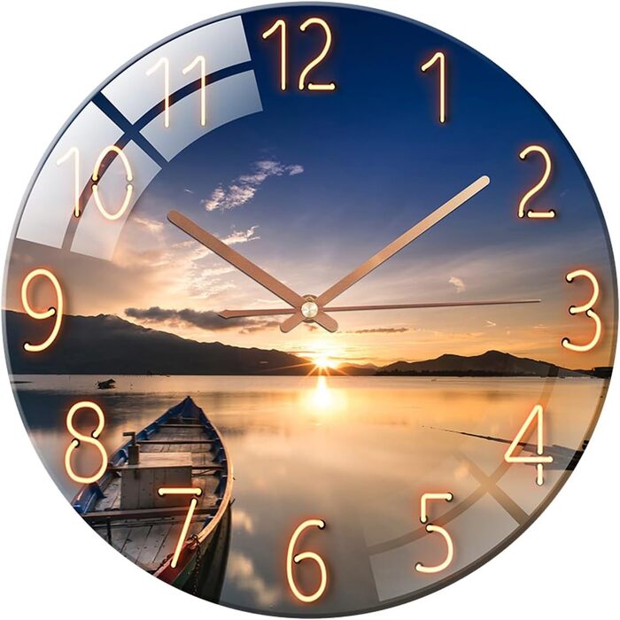 ALEENFOON Wall Clock, Glass, 30cm, Silent, Non-Ticking, Decorative Round Wall Clock for Living Room, Kitchen, Bedroom, Hallway, Office (Sunset)