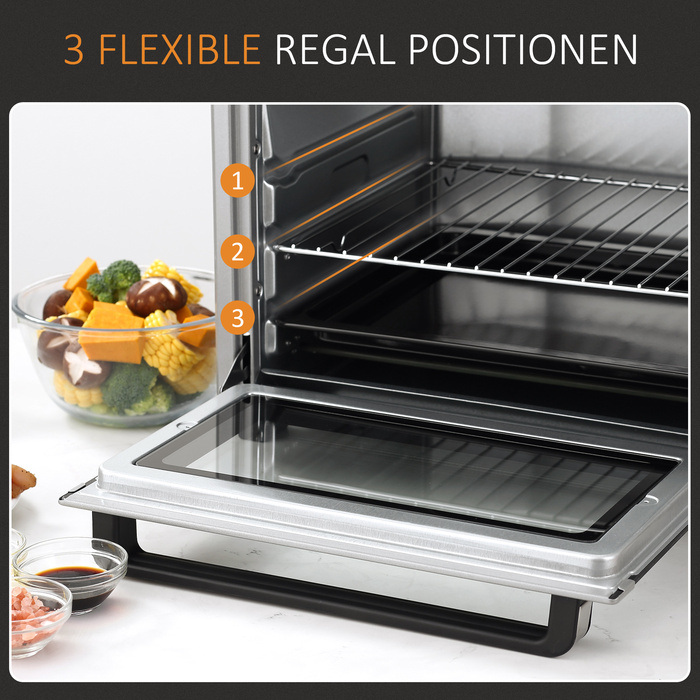 HOMCOM Mini Oven 32L, 1600W, Electric Oven with Grease/Drip Tray, Stainless Steel & Glass, Silver, 52.2x38.1x33.5cm | Aosom