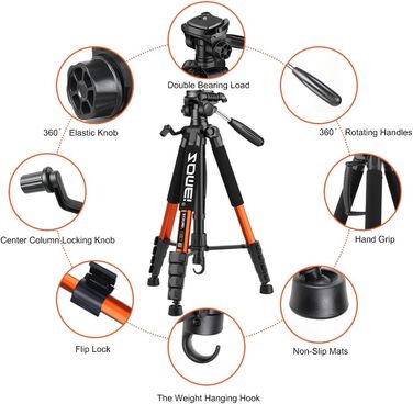 Штатив ZOMEi 188 см - важкий, для професійного відео та фото, сумісний з DSLR, телефонами, проекторами, біноклями, телескопами (чорний, помаранчевий)