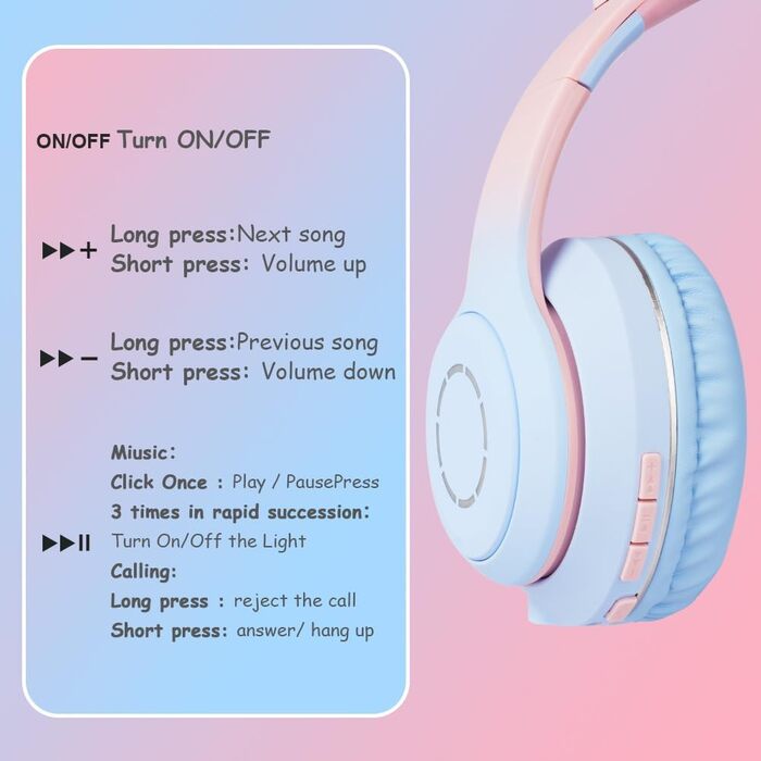 Дитячі навушники AXFEE з Bluetooth, Over-Ear з LED-підсвіткою, котячі вушка, рожево-блакитні, з мікрофоном та підтримкою Micro SD/TF для телефону/планшета/ПК