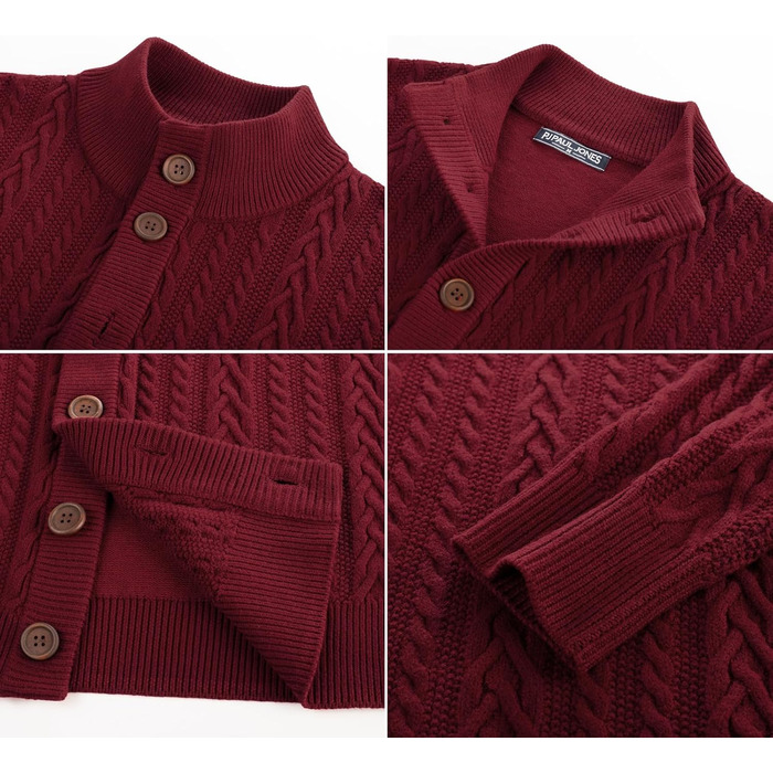 Кардиган чоловічий PJ PAU JONES з візерунком коси, на ґудзиках, грубий трикотаж (XL, Бордовий)