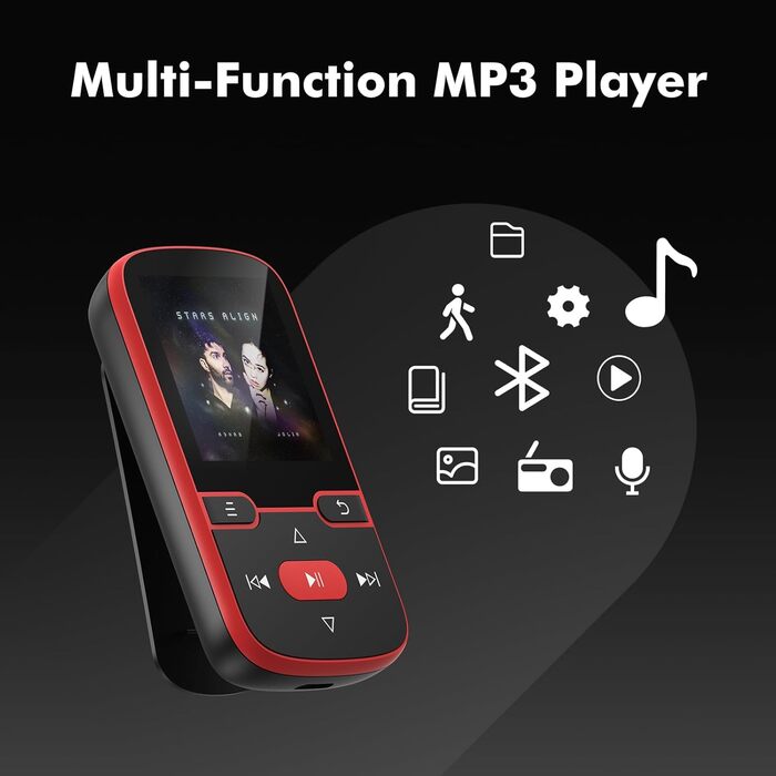 MP3 плеєр 64GB Bluetooth 5.3 з кліпсою, Hi-Fi, для спорту, з FM-радіо, диктофоном, крокоміром, підтримка картки до 128GB, червоний