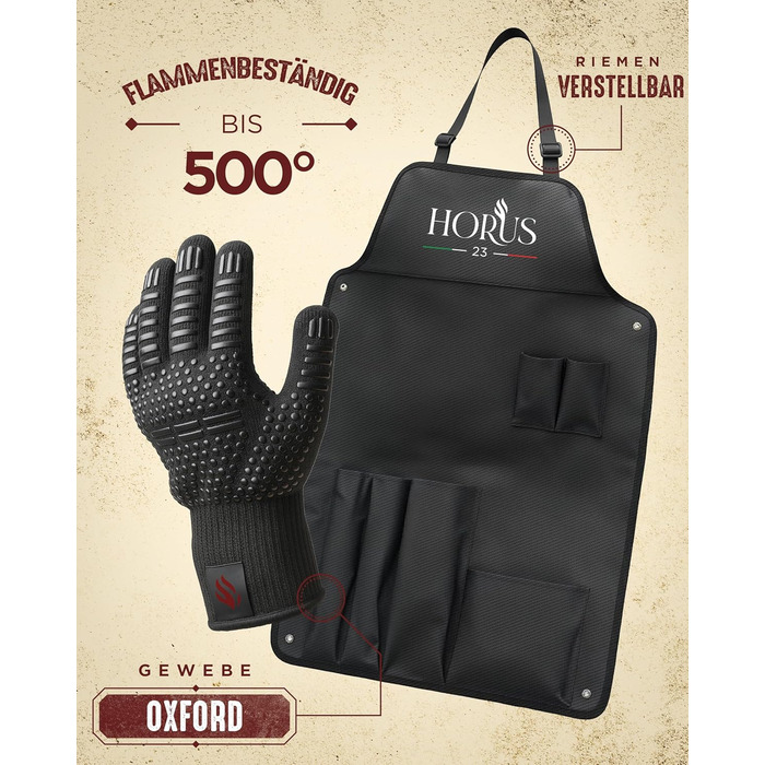 HORUS 23 Набір гриля з аксесуарами з нержавіючої сталі: щитківка, рукавиці для захисту від тепла, килимок для гриля - подарунок для чоловіків