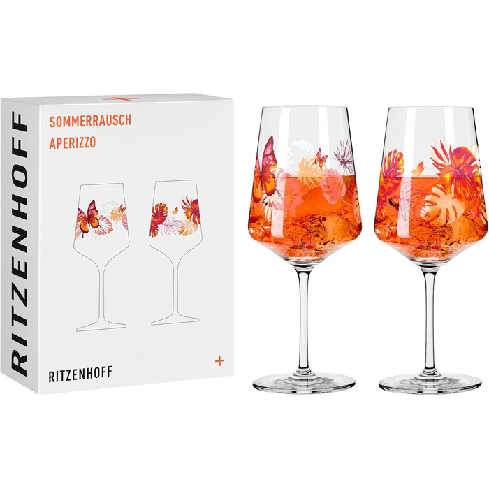 RITZENHOFF 2849001 Aperitif Glasses 500 ml - Set of 2 - Sommerrausch Series - Butterfly Motif - Made in Germany, Orange, Red