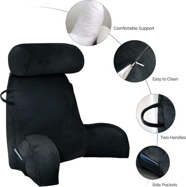М'яке крісло-мішок для читання з велюру, чорне. З підтримкою спини та рук, з кишенею. Для дорослих.